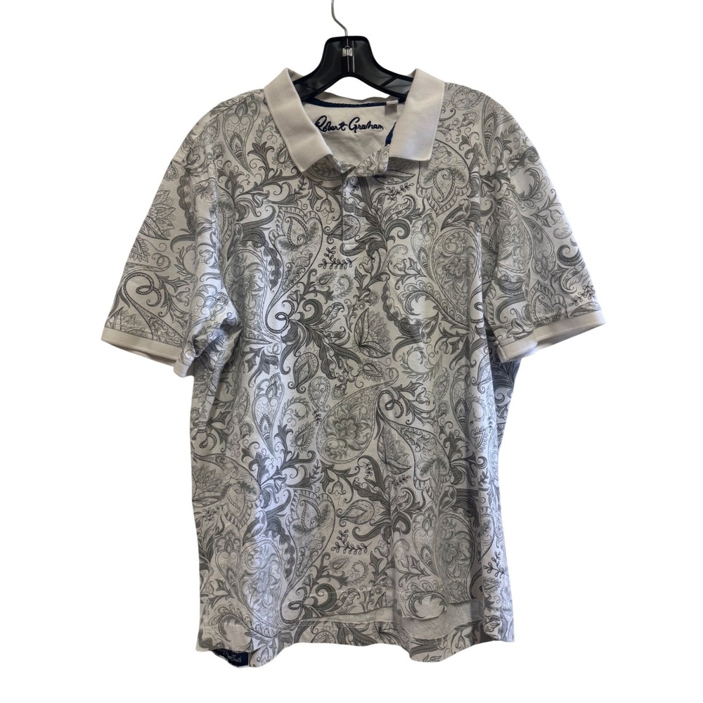 Robert Graham Mens Large Classic Fit Paisley Damask Polo Shirt Grey White Cotton